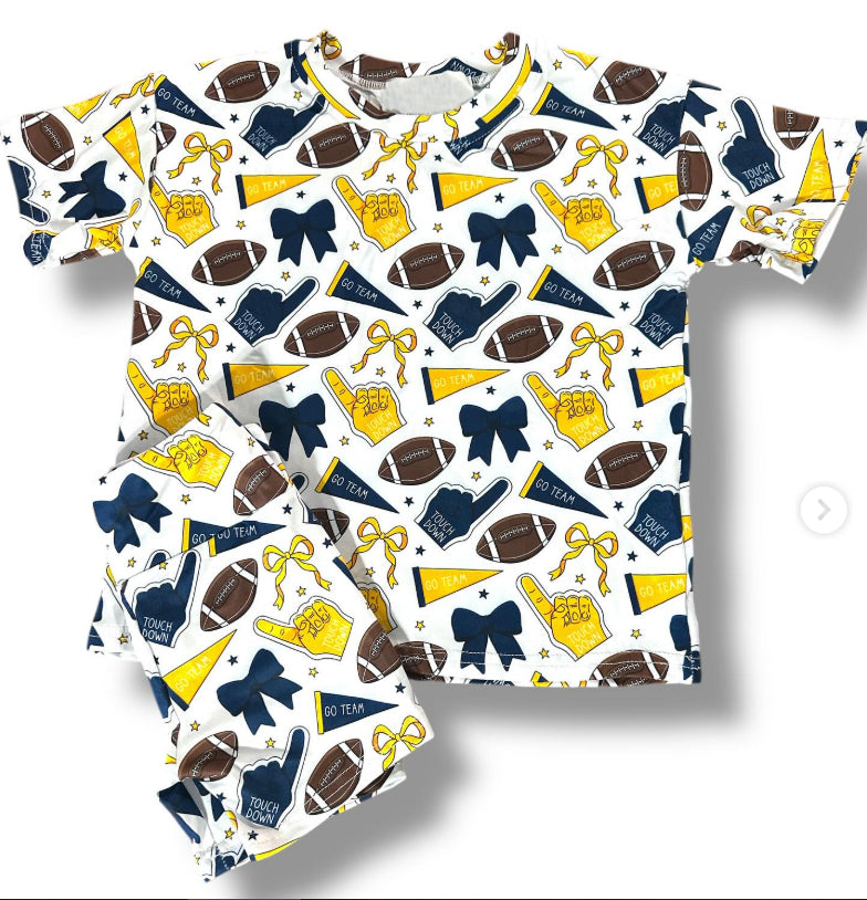Baby Girls Navy Yellow Bows Footballs Top Shorts Team Pajamas Sets
