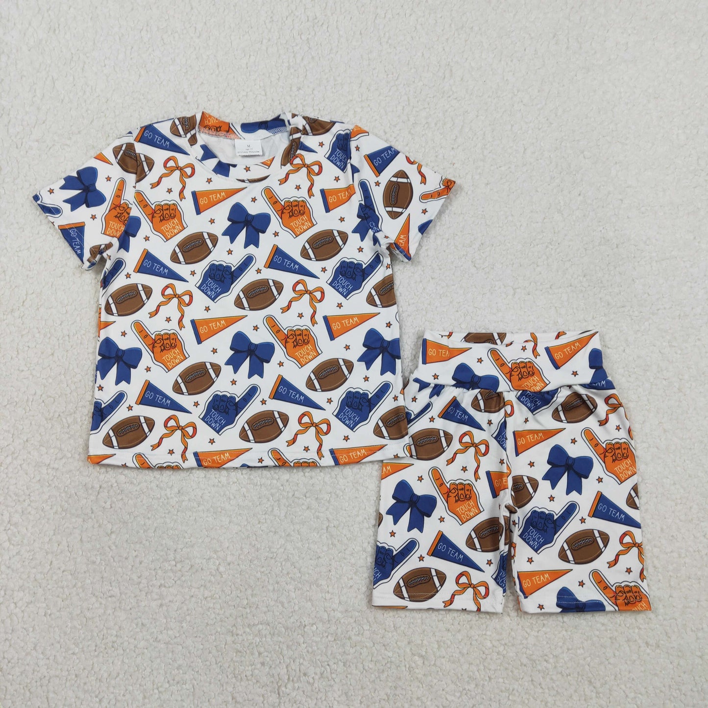 Baby Girls Blue Orange Bows Footballs Top Shorts Team Pajamas Clothes Sets