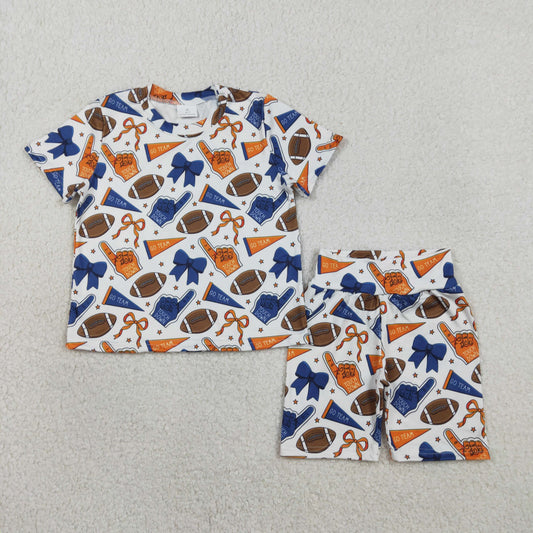 Baby Girls Blue Orange Bows Footballs Top Shorts Team Pajamas Clothes Sets