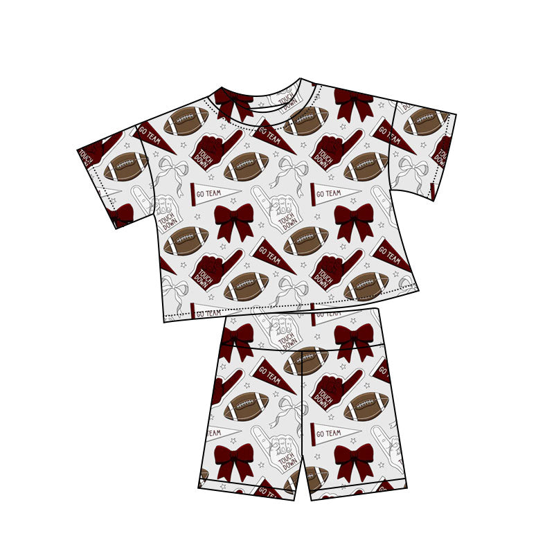 Baby Girls Dark Red Grey Bows Footballs Top Shorts Team Pajamas Sets