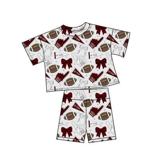 Baby Girls Dark Red Grey Bows Footballs Top Shorts Team Pajamas Sets