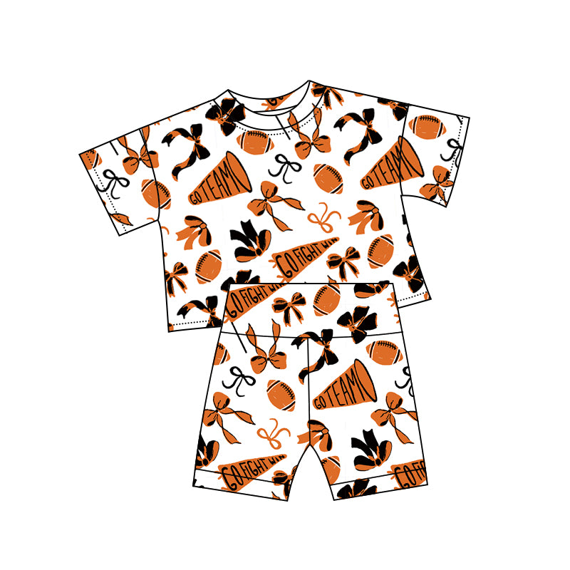 Baby Girls Black Orange Bows Footballs Go Team Top Shorts  Pajamas Sets