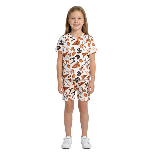 Baby Girls Black Orange Bows Footballs Go Team Top Shorts  Pajamas Sets