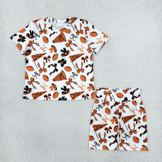Baby Girls Black Orange Bows Footballs Go Team Top Shorts  Pajamas Sets
