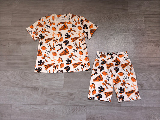 Baby Girls Black Orange Bows Footballs Go Team Top Shorts  Pajamas Sets