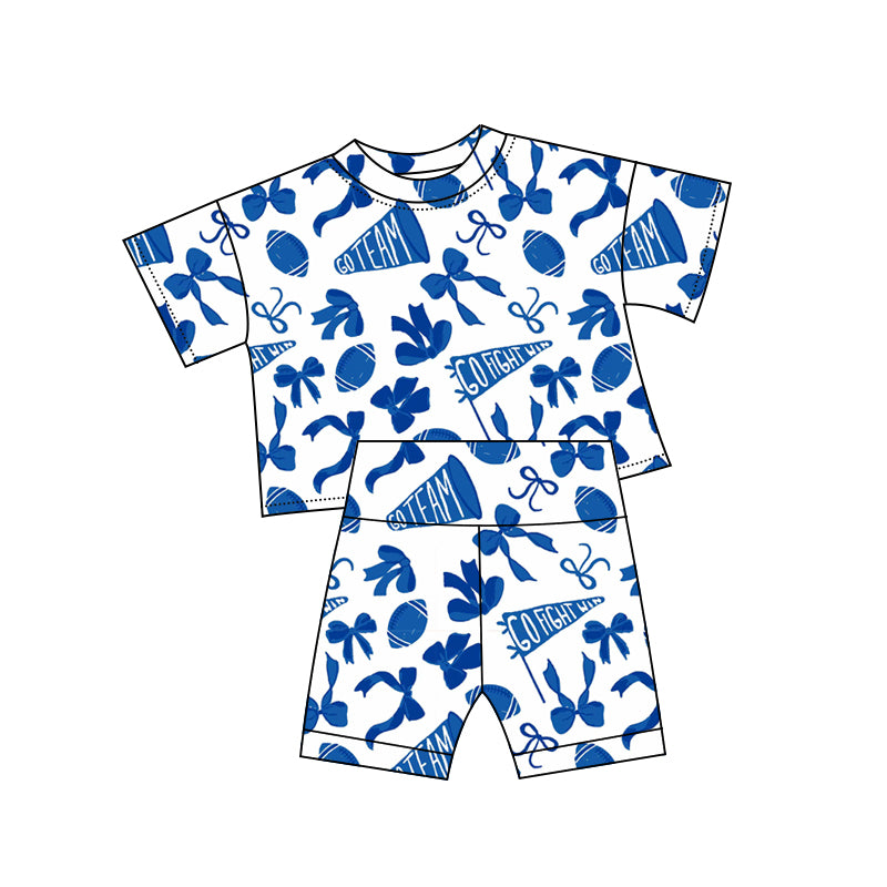 Baby Girls Blue Bows Footballs Go Team Top Shorts  Pajamas Sets