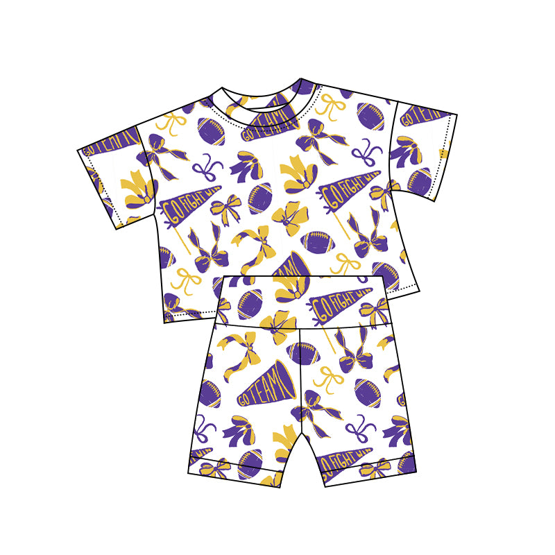Baby Girls Yellow Purple Bows Footballs Go Team Top Shorts Pajamas Sets