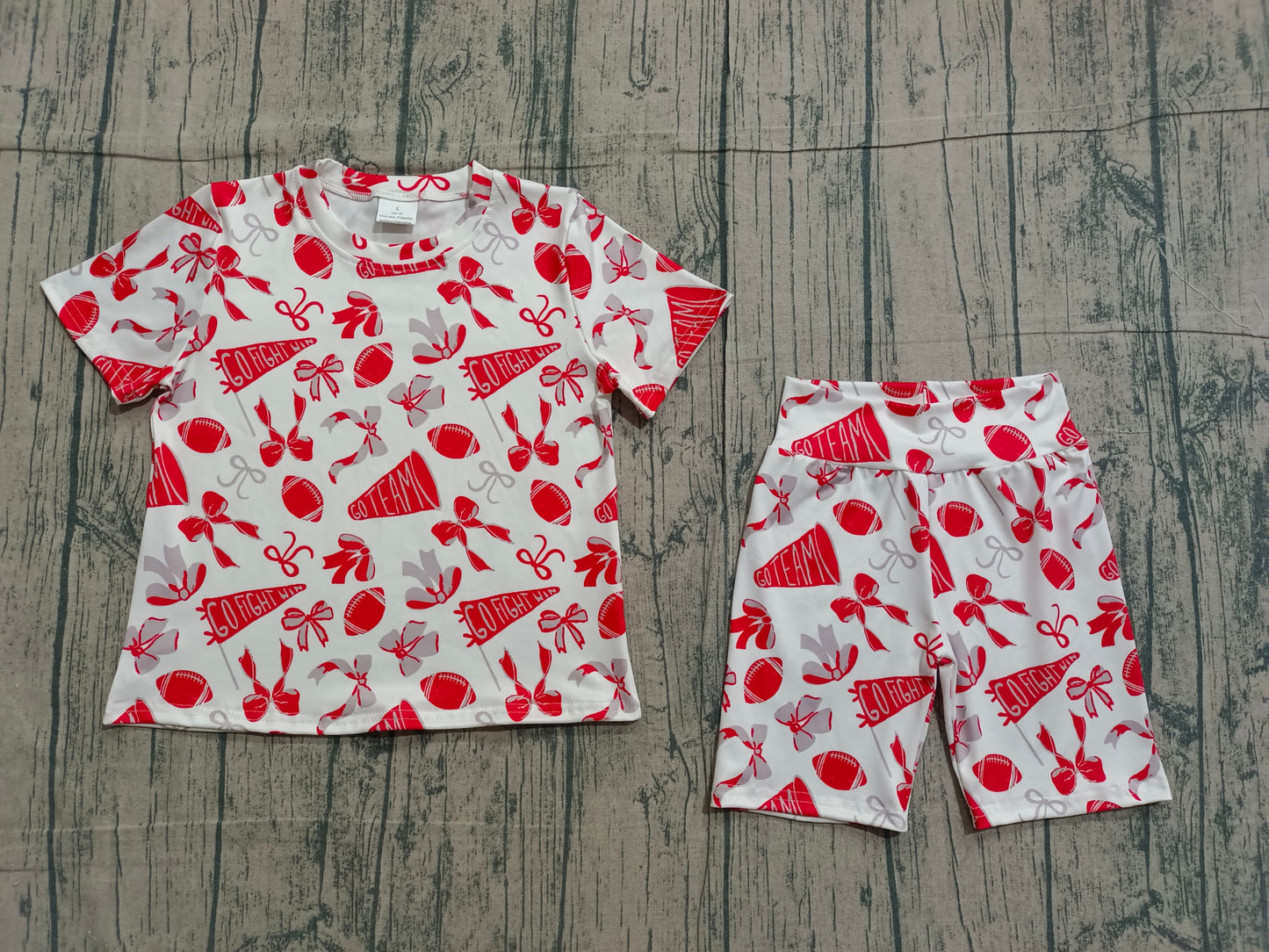 Baby Girls Red Grey Bow Footballs Top Shorts Go Team Pajamas Clothes Set