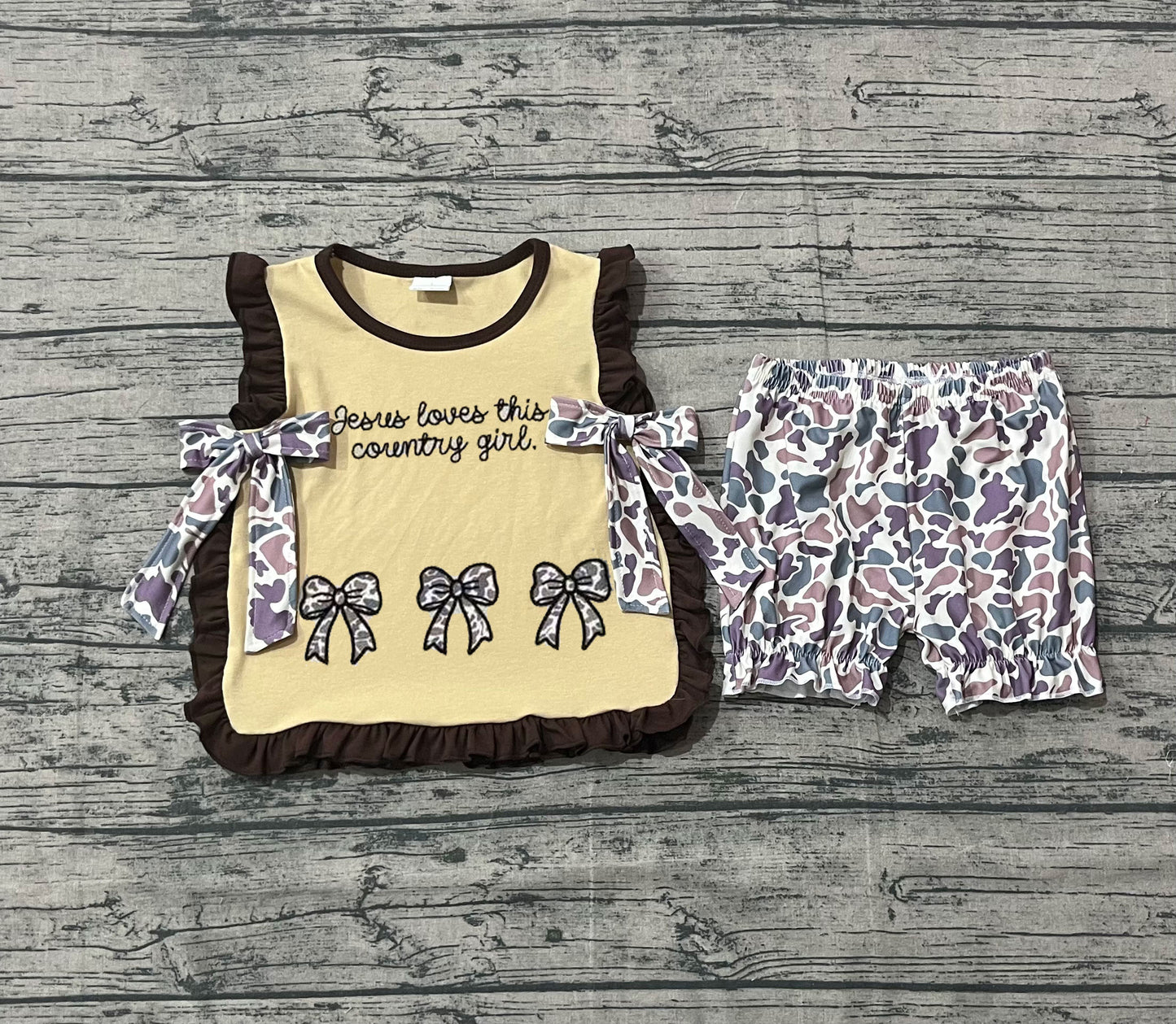 Embroidery Jesus Loves This Country Girls Bows Top Ruffle Shorts Clothes Sets
