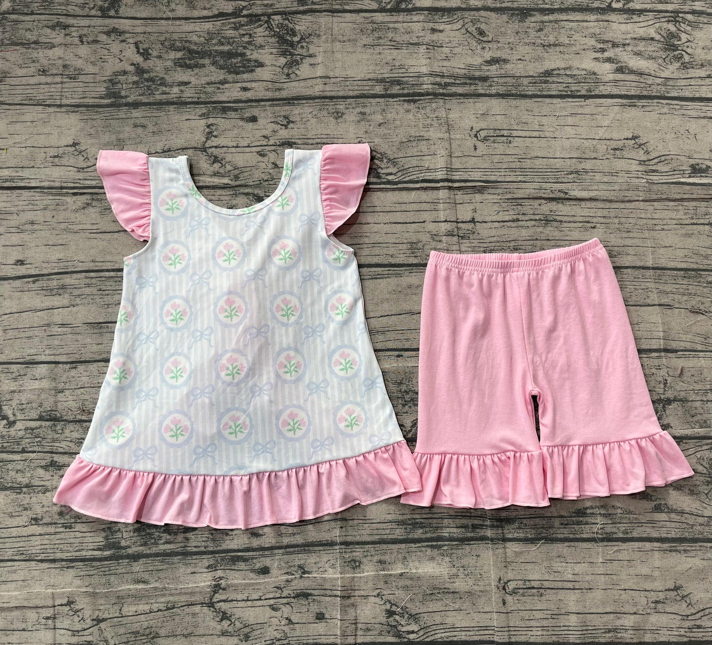 Baby Girls Flowers Stripe Back Bows Tunic Ruffle Shorts Clothes Sets