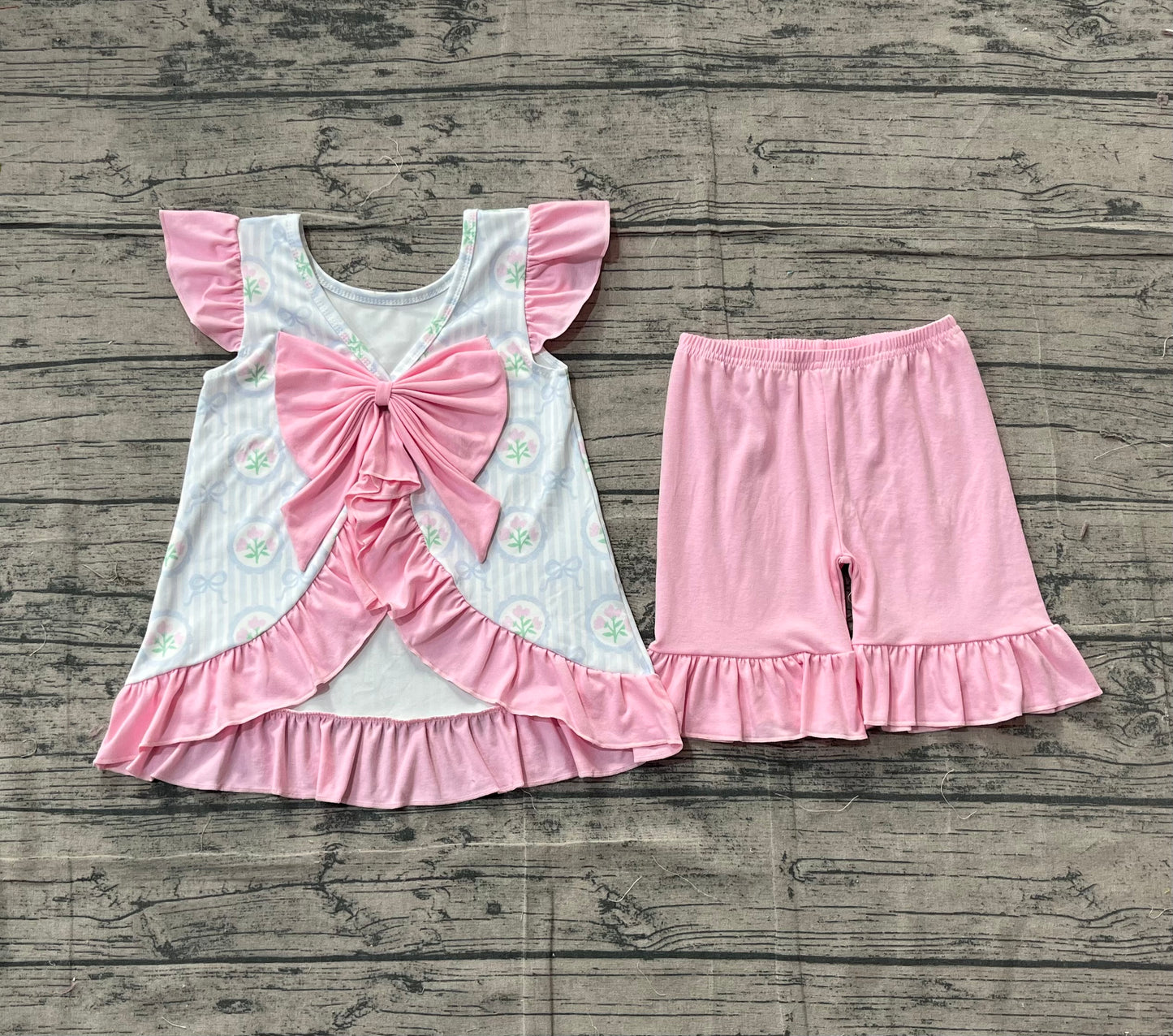 Baby Girls Flowers Stripe Back Bows Tunic Ruffle Shorts Clothes Sets