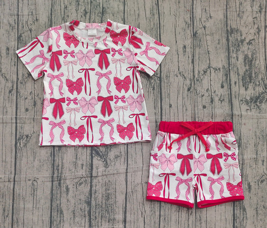 Baby Girls Red Pink Bows Plaid Top Pockets Shorts Valentine Clothes Sets Preorder