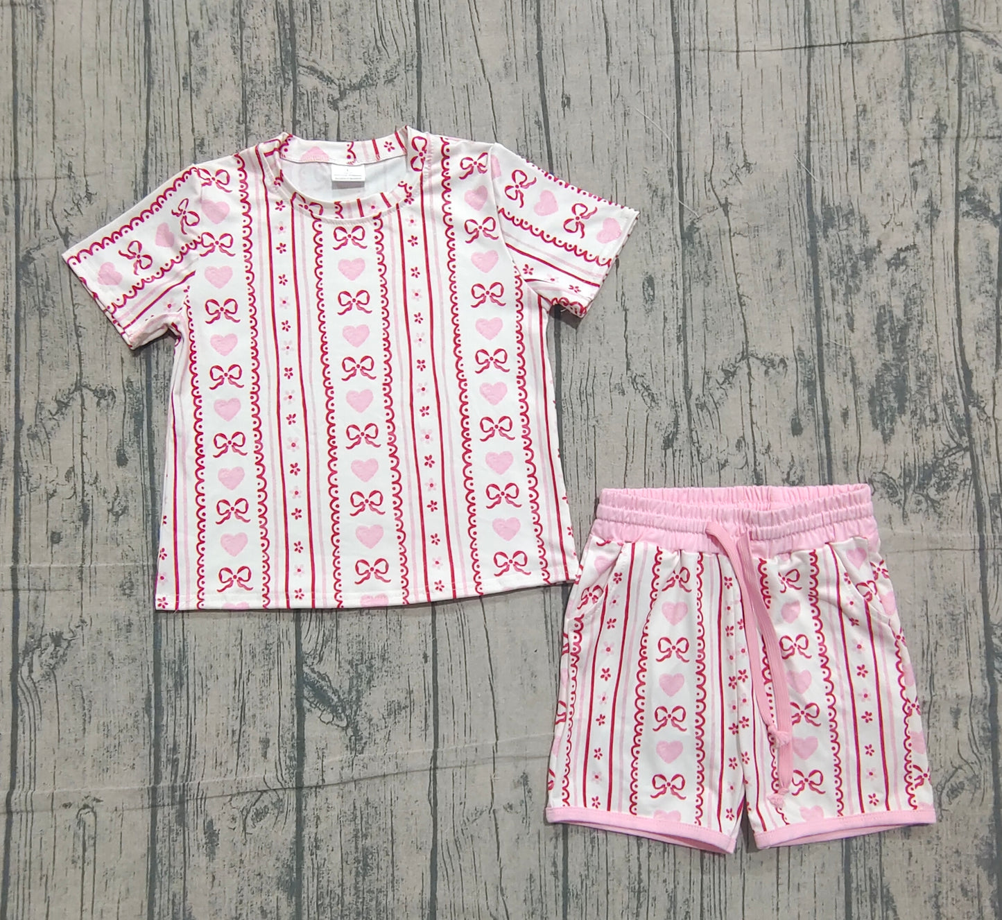 Baby Girls Pink Bows Hearts Stripe Top Pockets Shorts Valentine Clothes Sets Preorder