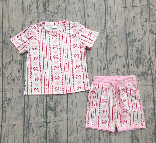 Baby Girls Pink Bows Hearts Stripe Top Pockets Shorts Valentine Clothes Sets Preorder