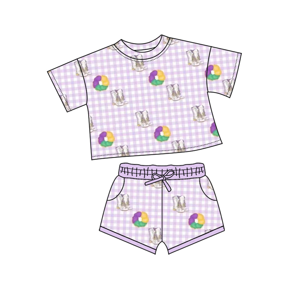 Baby Girls Mardigras Boots Donuts Checked Top Pockets Shorts Clothes Sets Preorder