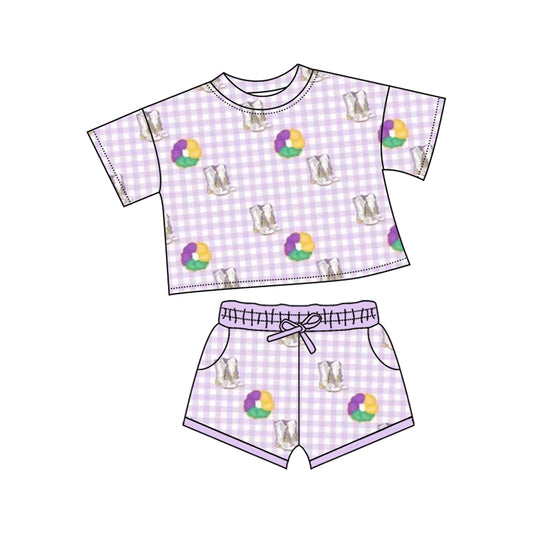 Baby Girls Mardigras Boots Donuts Checked Top Pockets Shorts Clothes Sets Preorder