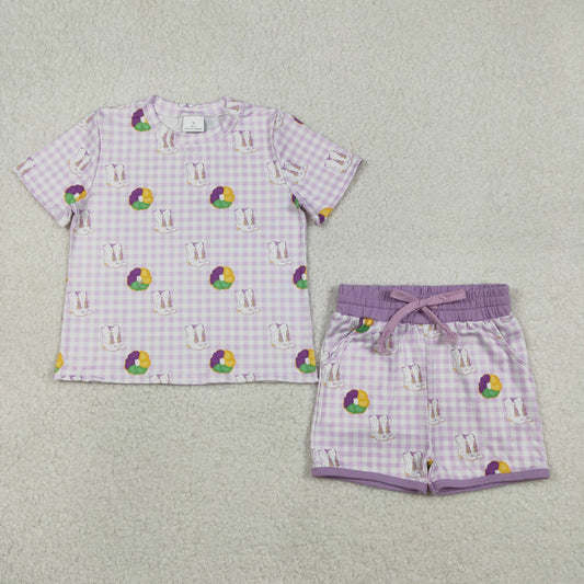 Sibling Baby Boys Girls Mardigras Donuts Boot Checked Dress Pocket Short Clothes Set Ruffle Zip Romper