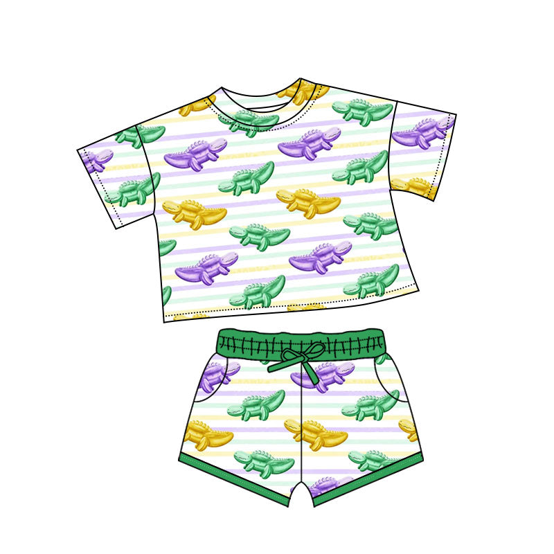Baby Girls Mardigras Stripes Crocodiles Top Pockets Shorts Clothes Sets Preorder