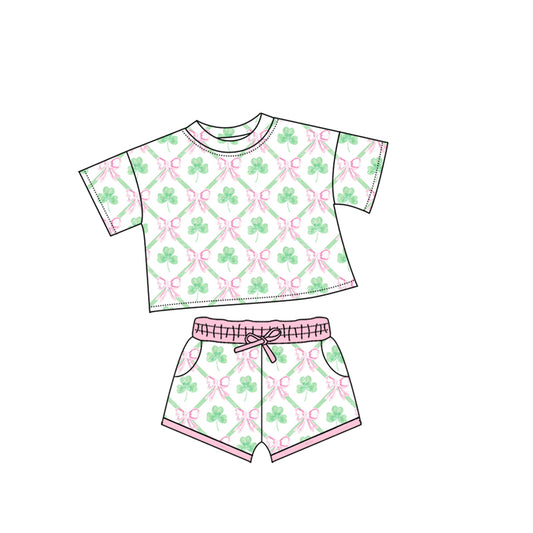 Baby Girls Bows Clovers Checked Top Pockets Shorts St Patrick Clothes Sets Preorder