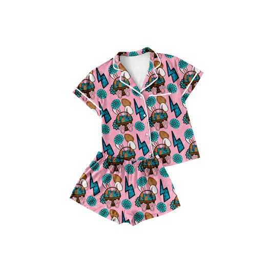 Baby Girls Rabbits Eggs Turquoises Button Top Shorts Easter Pajamas Sets Preorder