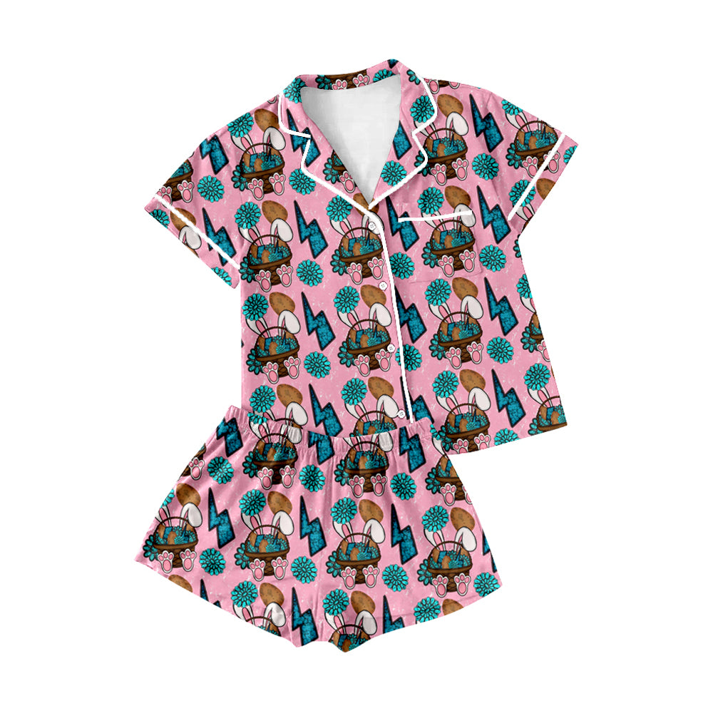 Adult Women Rabbits Eggs Turquoises Button Top Shorts Easter Pajamas Set Preorder
