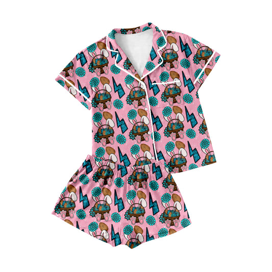 Adult Women Rabbits Eggs Turquoises Button Top Shorts Easter Pajamas Set Preorder