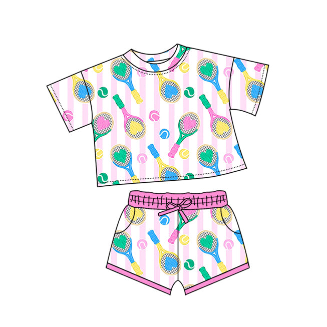 Baby Girls Pink Stripe Hearts Tennis Top Pockets Shorts Valentine Clothes Sets Preorder