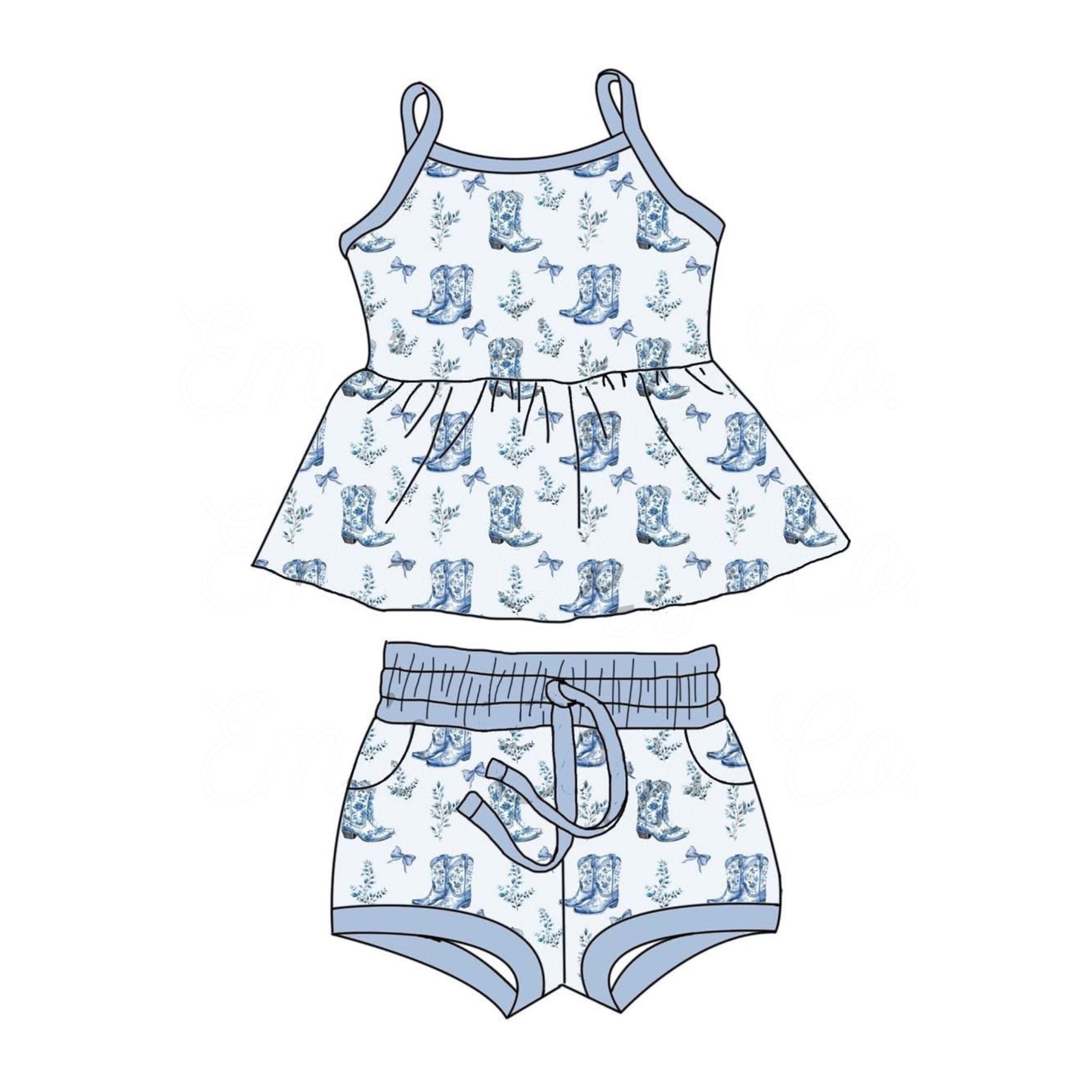 Baby Girls Strap Blue Boots Bows Tunic Pockets Shorts Clothes Sets Preorder