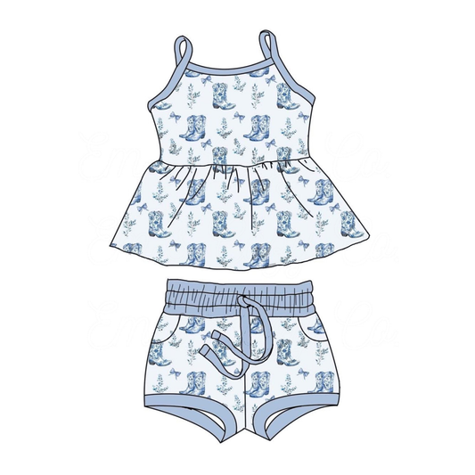 Baby Girls Strap Blue Boots Bows Tunic Pockets Shorts Clothes Sets Preorder