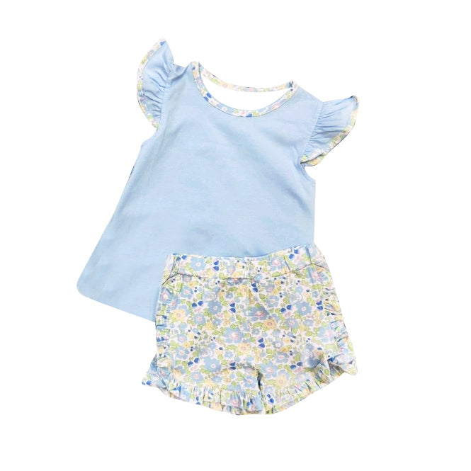 Baby Girls Light Blue Flutter Sleeve Top Floral Ruffle Shorts Clothes Sets Preorder