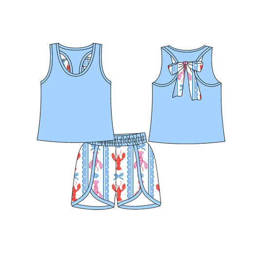 Baby Girls Blue Sleeveless Back Bow Top Shorts Clothes Sets Preorder