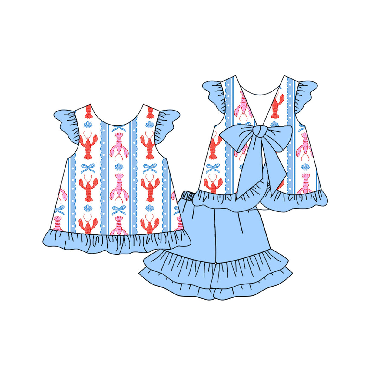 Baby Girls Bows Crayfishes Back Bow Tunic Ruffle Shorts Clothes Sets Preorder