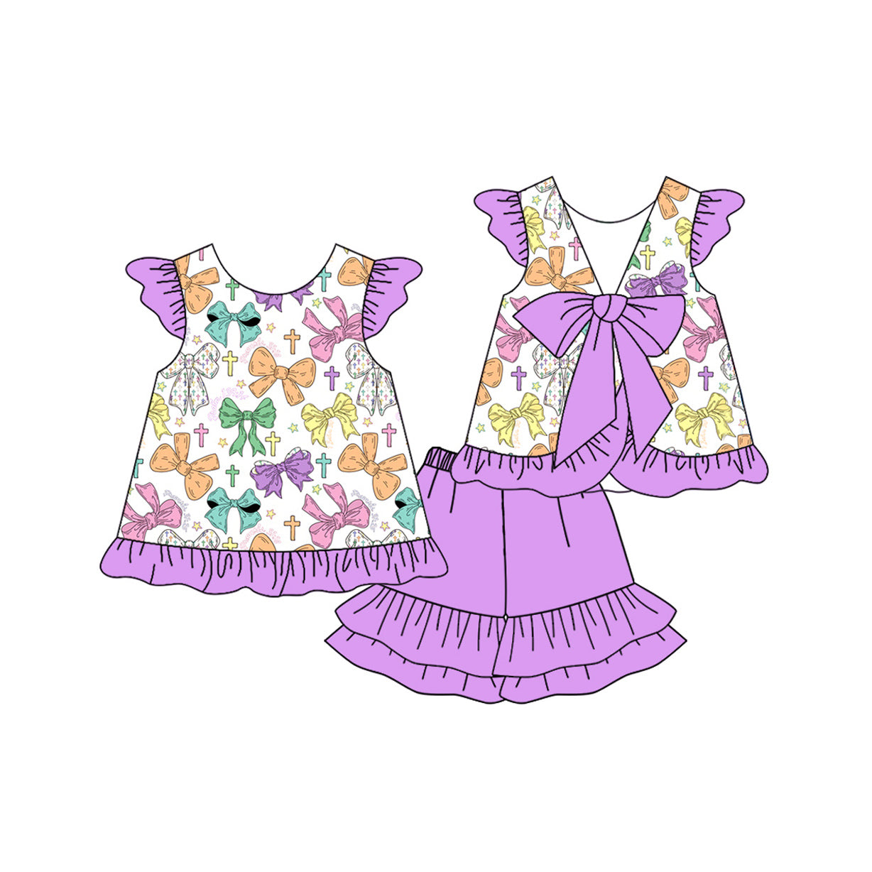 Baby Girls Bows Crosses Back Bow Tunic Ruffle Shorts Easter Clothes Sets Preorder