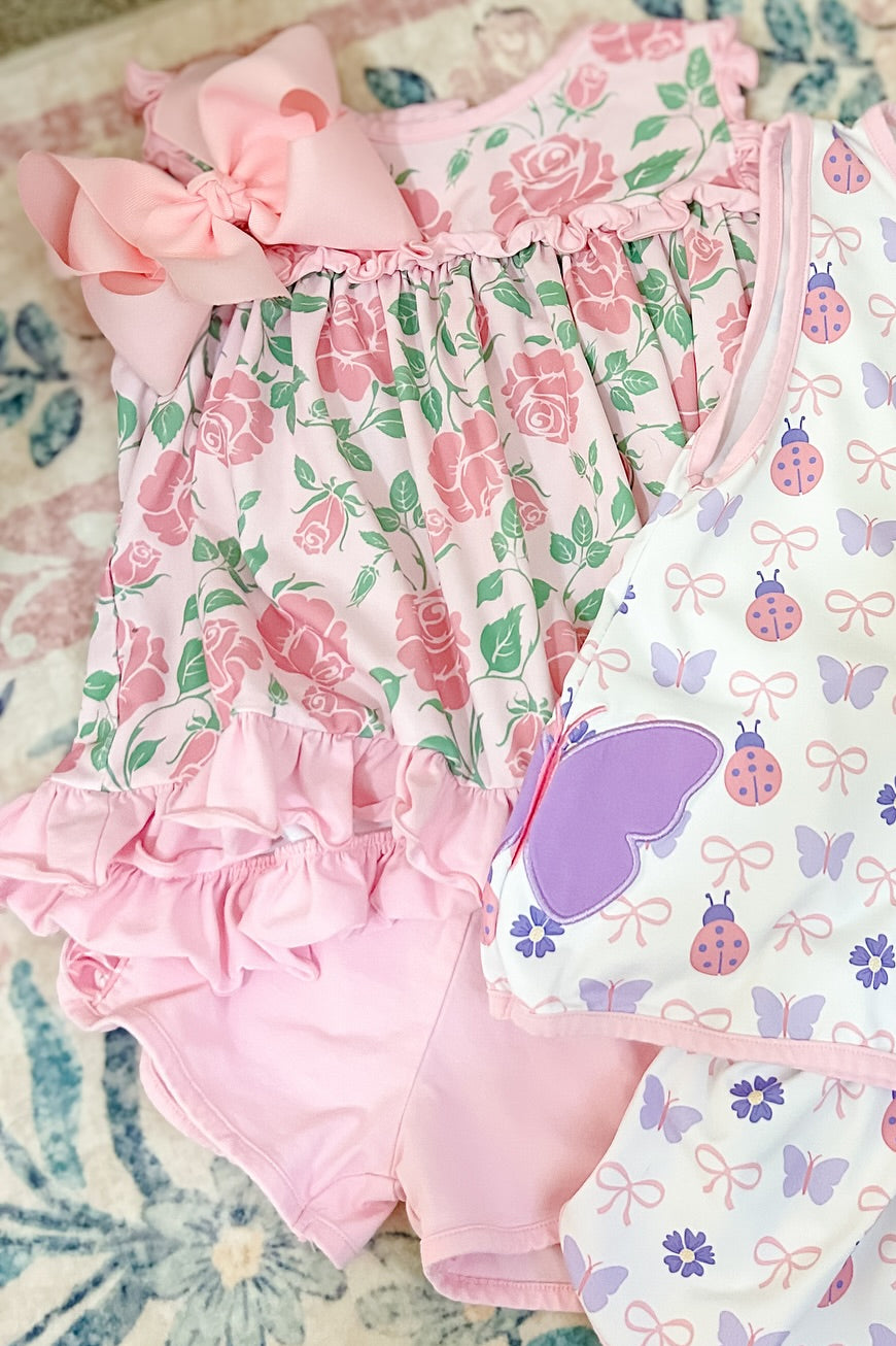 Baby Girls Pink Flowers Ruffle Tunic Shorts Clothes Sets Preorder