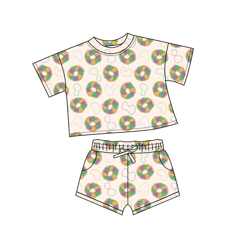 Baby Girls Donuts Plaid Top Pockets Short Mardigras Clothes Sets Preorder