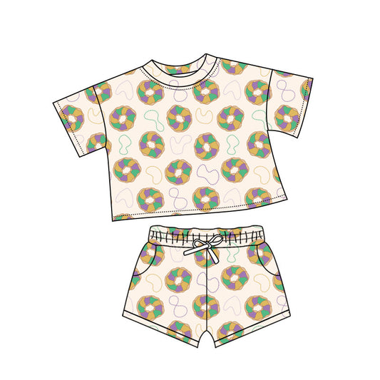 Baby Girls Donuts Plaid Top Pockets Short Mardigras Clothes Sets Preorder