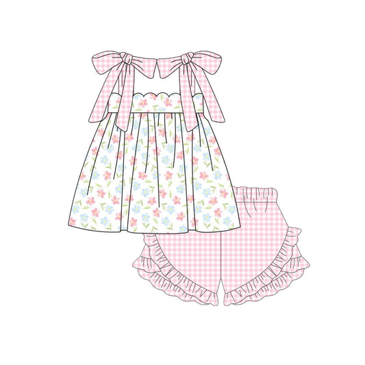 Baby Girls Pink Checked Strap Flowers Tunic Ruffle Shorts Clothes Sets Preorder