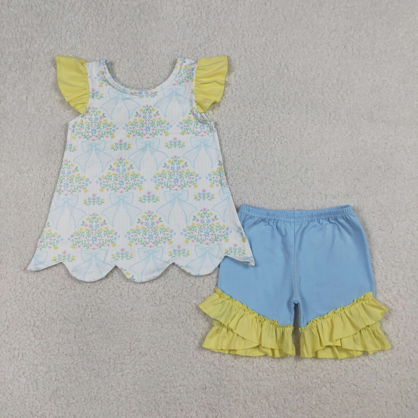 Sibling Baby Girls Colorful Bows Flowers Scallop Tunic Ruffle Shorts Clothes Sets