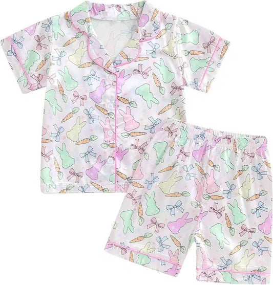 Adult Women Colorful Rabbits Carrots Button Top Shorts Easter Pajamas Set Preorder