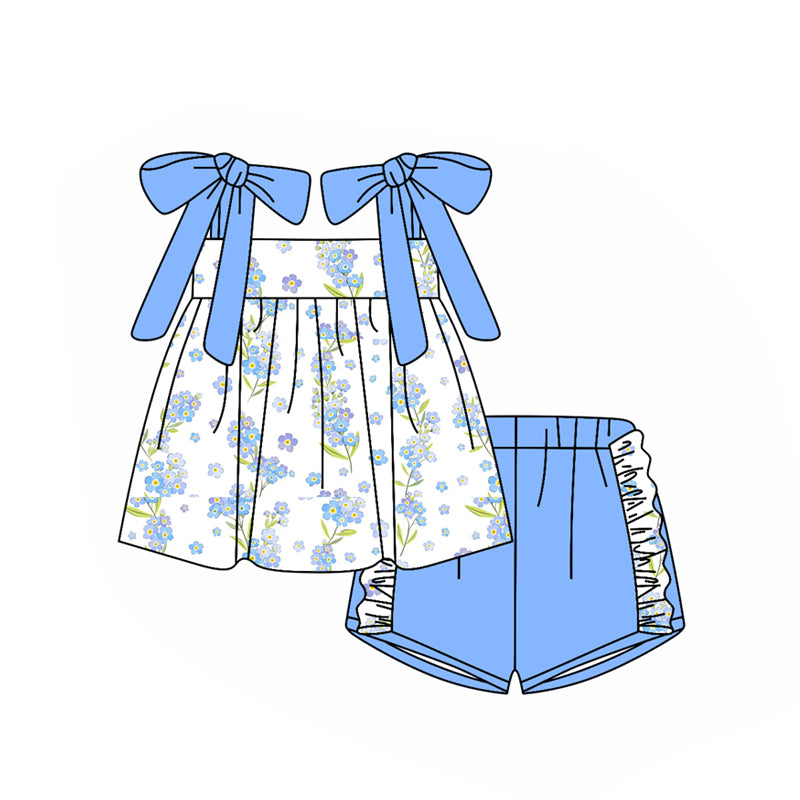 Baby Girls Blue Strap Flowers Tunic Ruffle Shorts Clothes Sets Preorder
