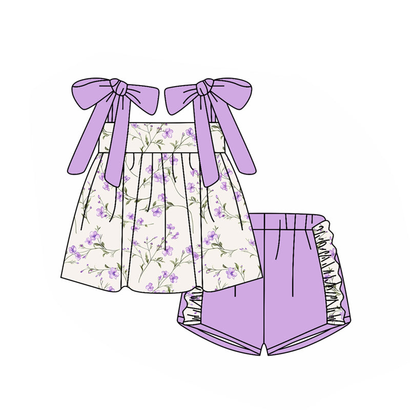 Baby Girls Lavender Strap Flowers Tunic Ruffle Shorts Clothes Sets Preorder