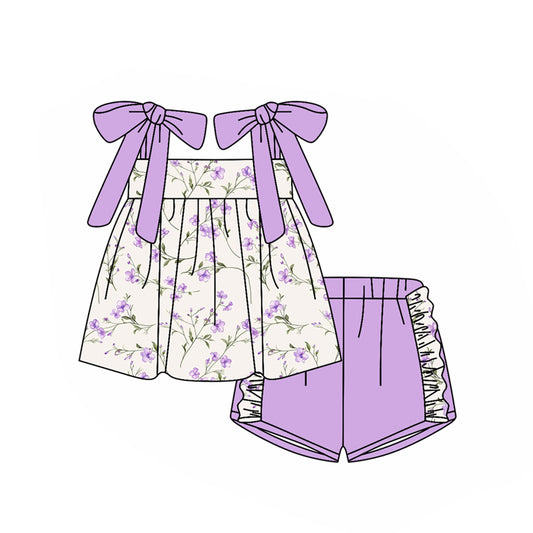 Baby Girls Lavender Strap Flowers Tunic Ruffle Shorts Clothes Sets Preorder