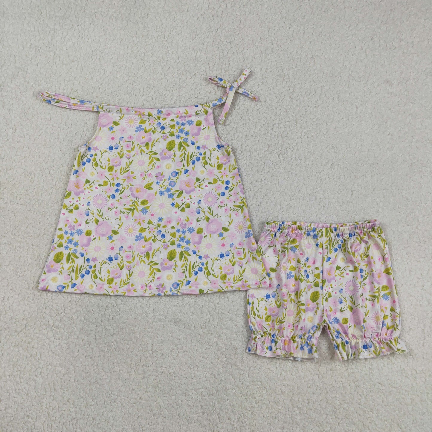 Baby Girls Pink Strap Floral Tunic Ruffle Shorts Clothes Sets