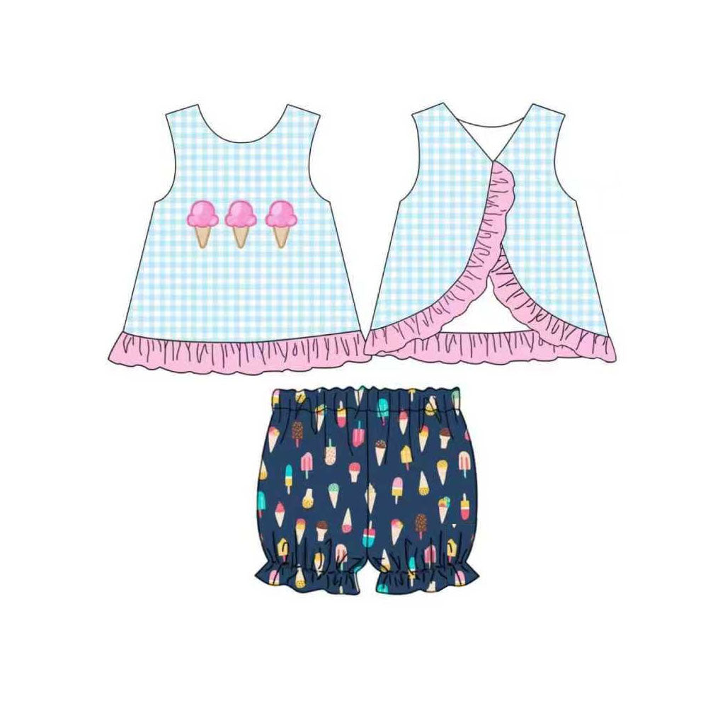 GSSO2780Baby Girls Checked Ice Cream Checked Tunic Ruffle Shorts Clothes Sets Preorder