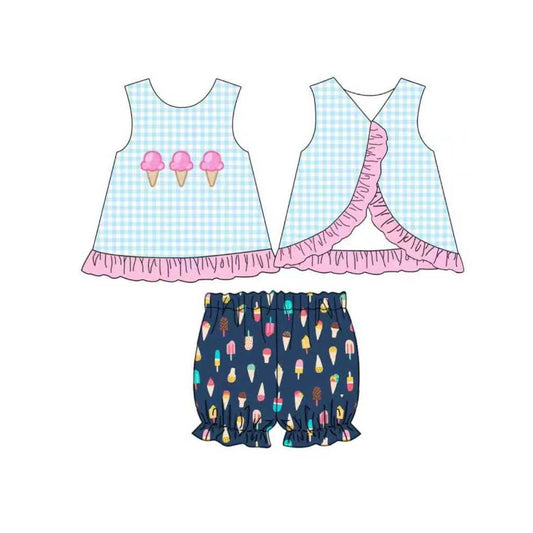 GSSO2780Baby Girls Checked Ice Cream Checked Tunic Ruffle Shorts Clothes Sets Preorder