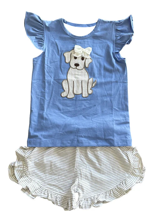 Baby Girls Bows Dogs Top Stripe Ruffle Shorts Valentine Clothes Sets Preorder