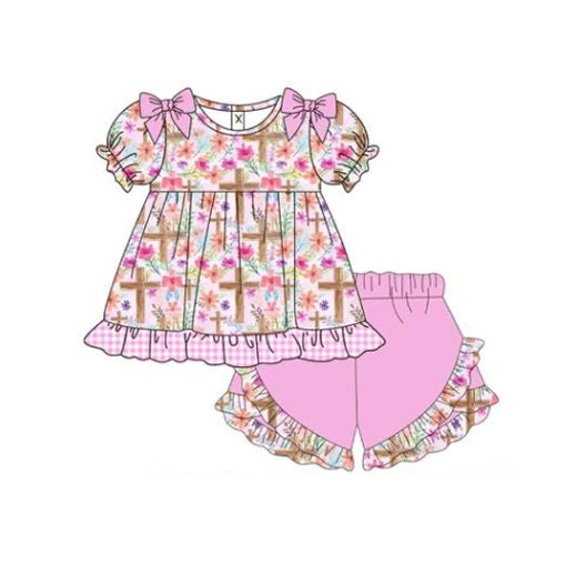 Baby Girls Flowers Crosses Tunic Ruffle Shorts Easter Clothes Sets Preorder