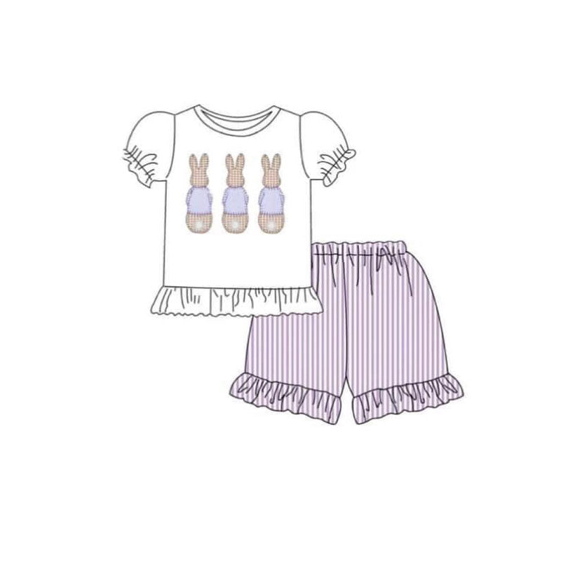 Baby Girls Rabbits Top Stripe Ruffle Shorts Easter Clothes Sets Preorder