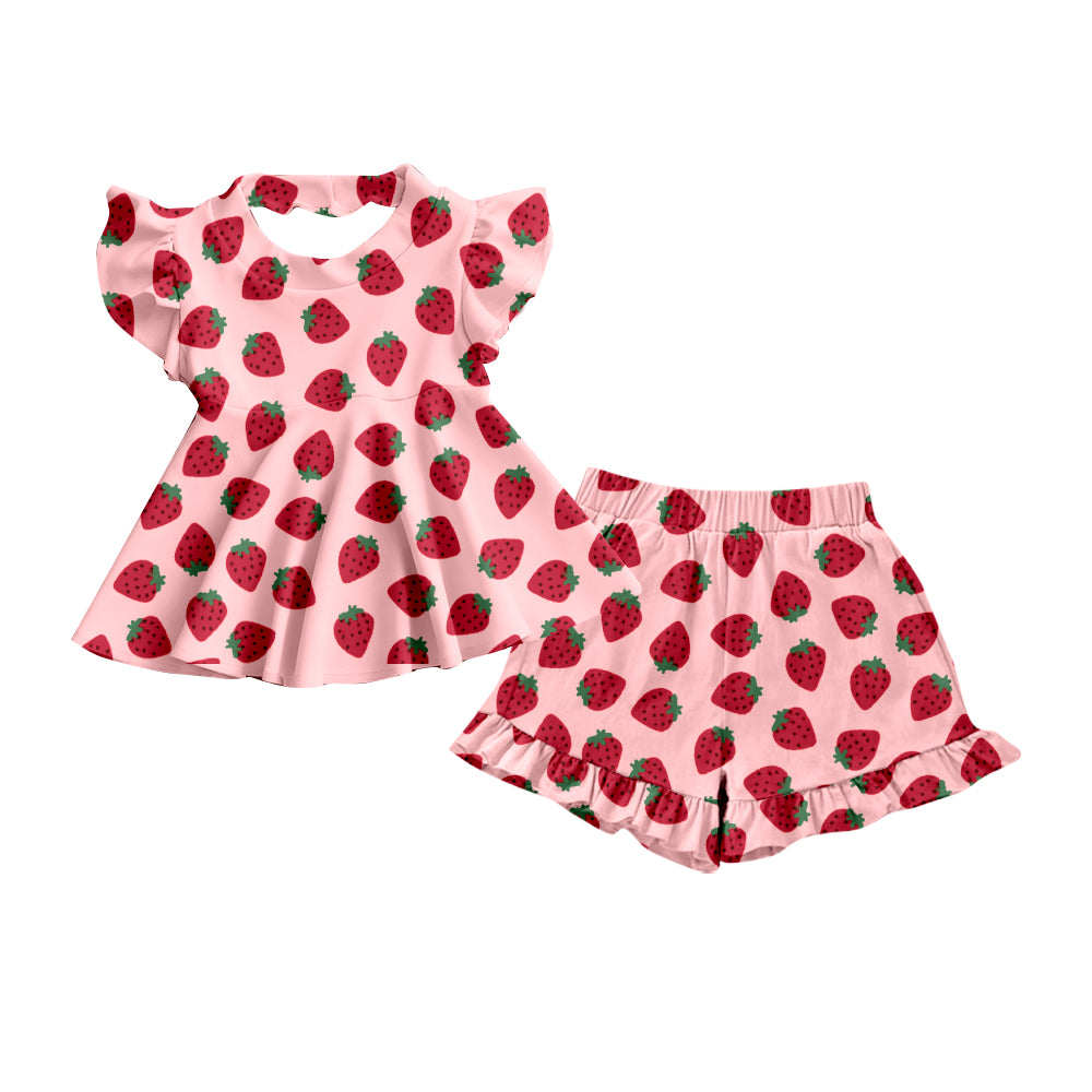 Baby Girls Strawberry Plaid Tunic Ruffle Shorts Clothes Sets Preorder