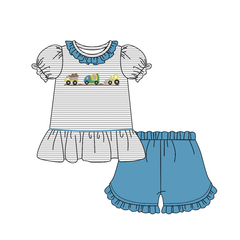 Baby Girls Excavators Stripe Collar Tunic Ruffle Shorts Clothes Sets Preorder